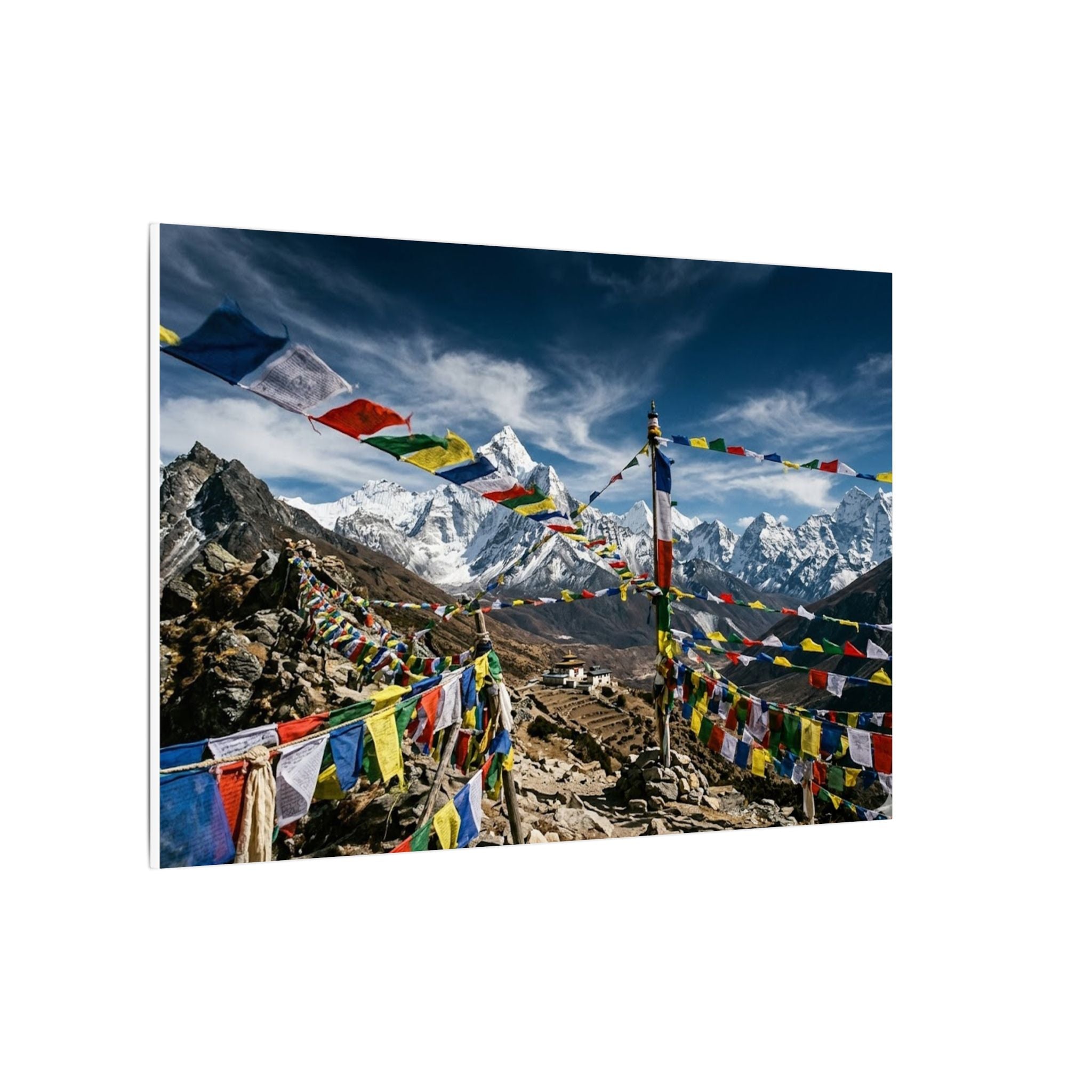 Tibetan Prayer Flags Canvas Wall Art - Mountain Temple Print, Himalaya, Buddhist Decor, Stretched Canvas
