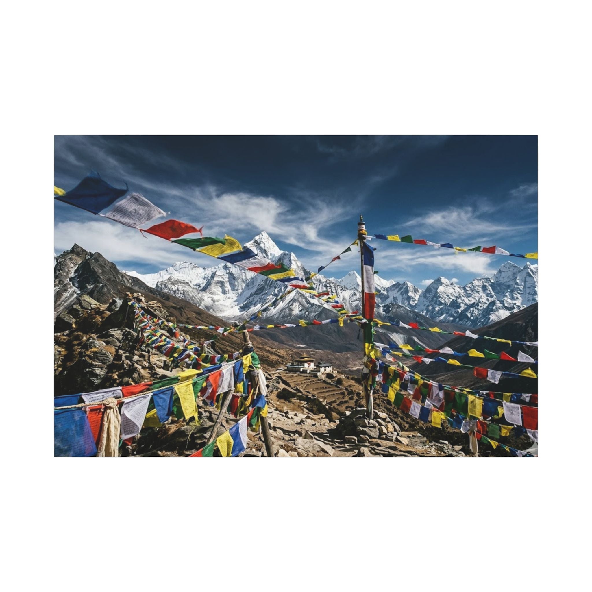 Tibetan Prayer Flags Canvas Wall Art - Mountain Temple Print, Himalaya, Buddhist Decor, Stretched Canvas