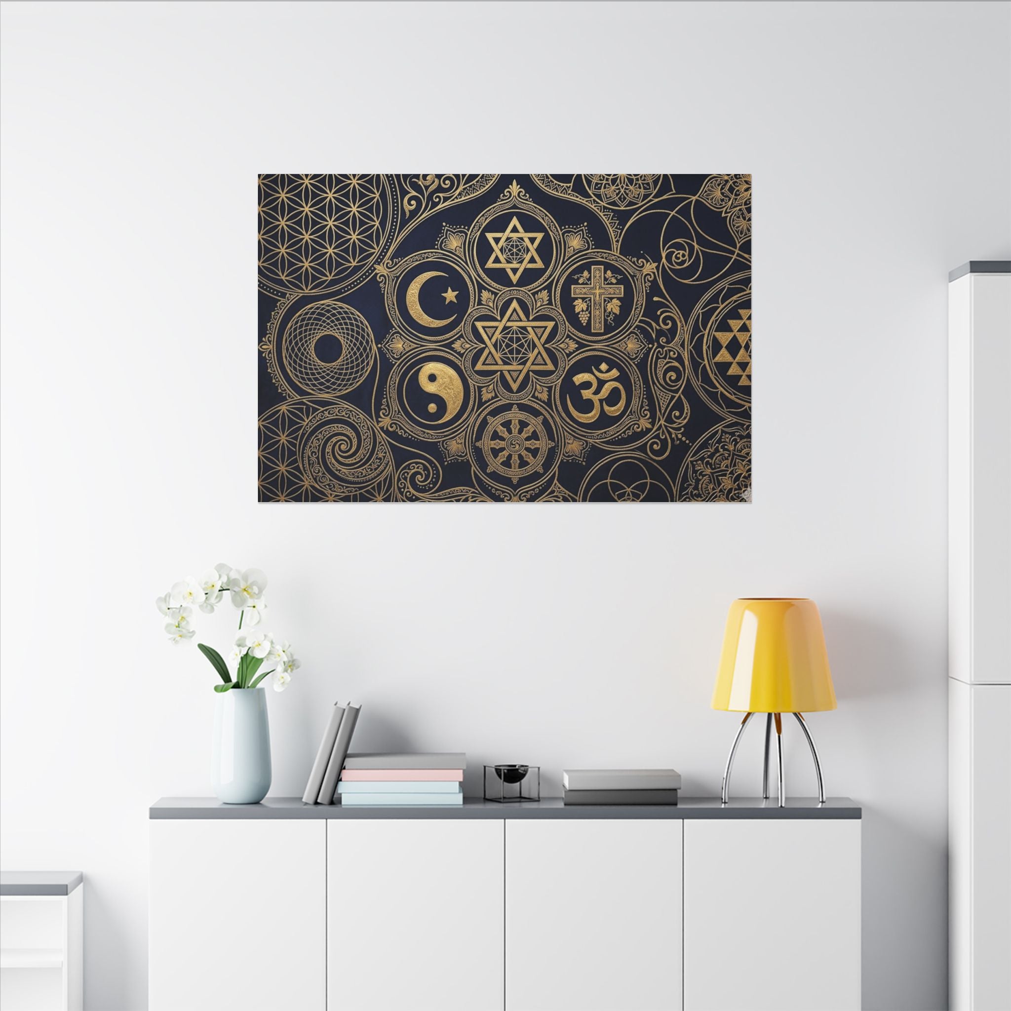 Sacred Symbols Canvas Wall Art - World Religions Print, Universal Peace, Spiritual Decor, Stretched Canvas