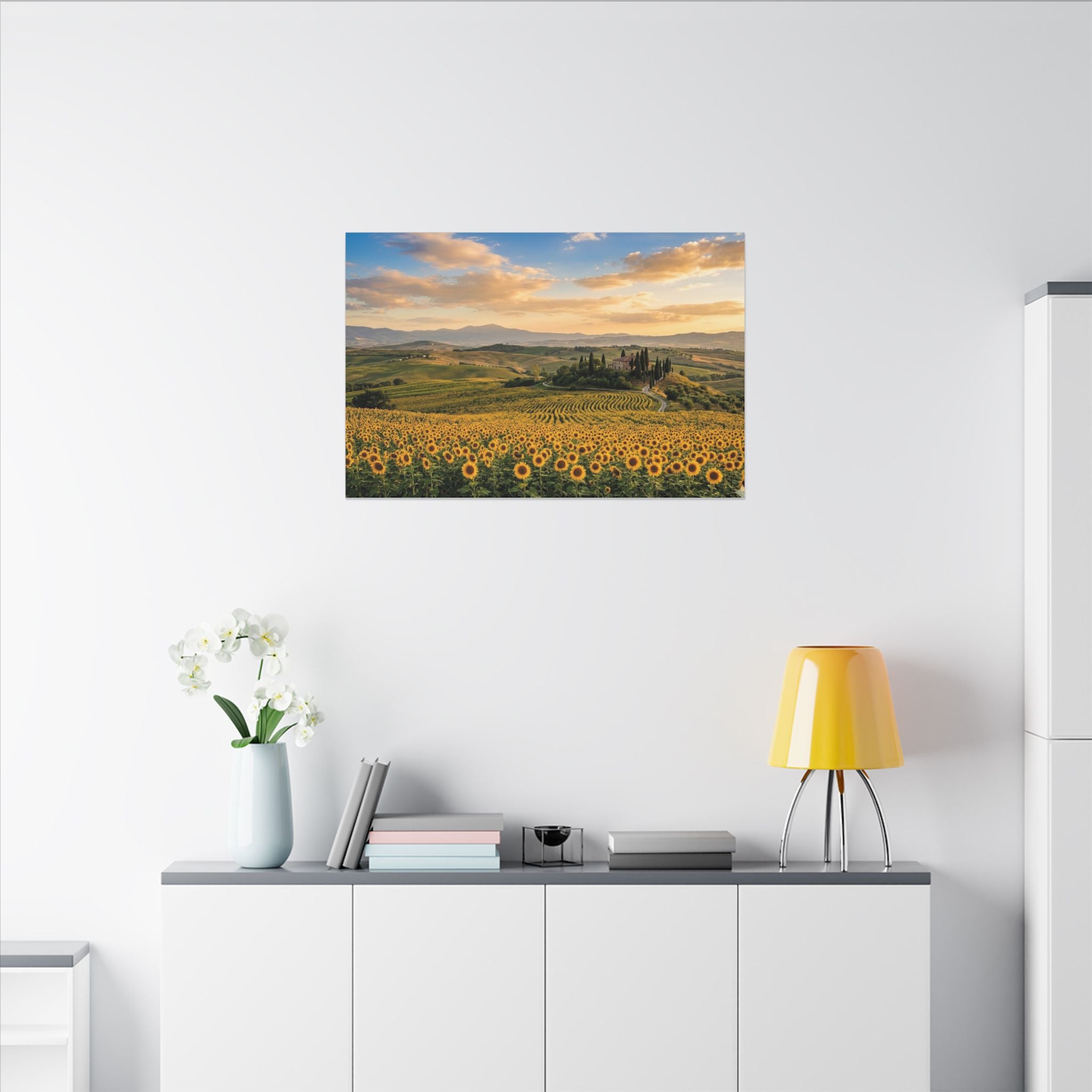 Tuscan Sunflower Canvas Wall Art - Italy Summer Print, Golden Field, Mediterranean Decor, Stretched Canvas
