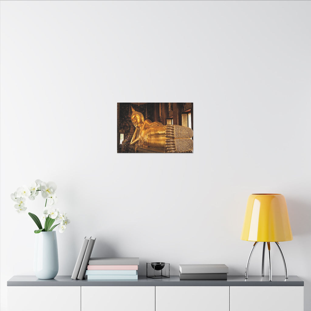 Reclining Buddha Canvas Wall Art - Golden Statue Print, Thai Temple, Sacred Art, Stretched Canvas