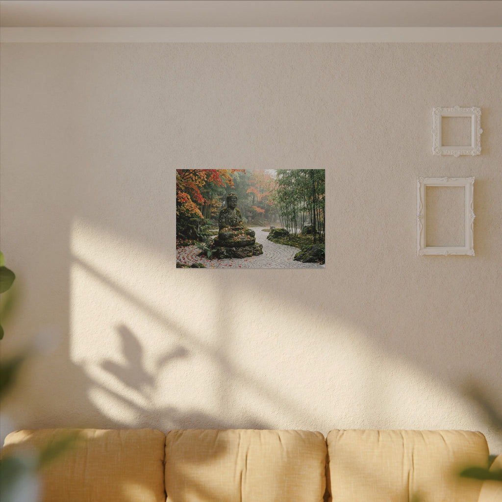 Zen Buddha Garden Canvas Wall Art - Stone Statue Print, Japanese Garden, Meditation Decor, Stretched Canvas
