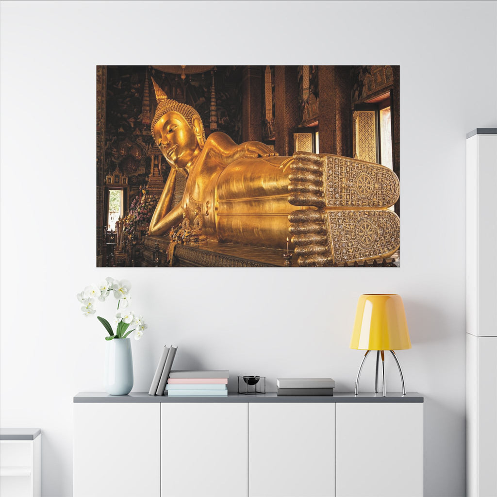 Reclining Buddha Canvas Wall Art - Golden Statue Print, Thai Temple, Sacred Art, Stretched Canvas