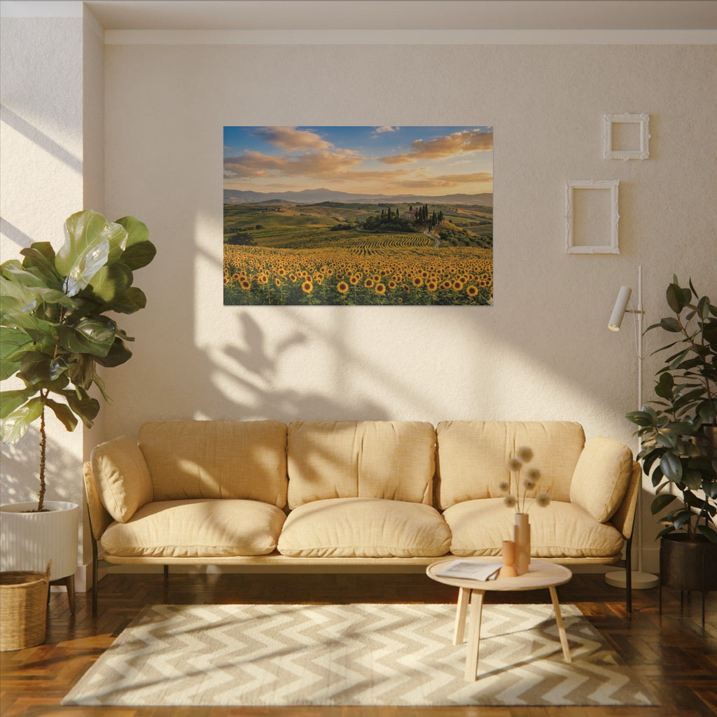 Tuscan Sunflower Canvas Wall Art - Italy Summer Print, Golden Field, Mediterranean Decor, Stretched Canvas