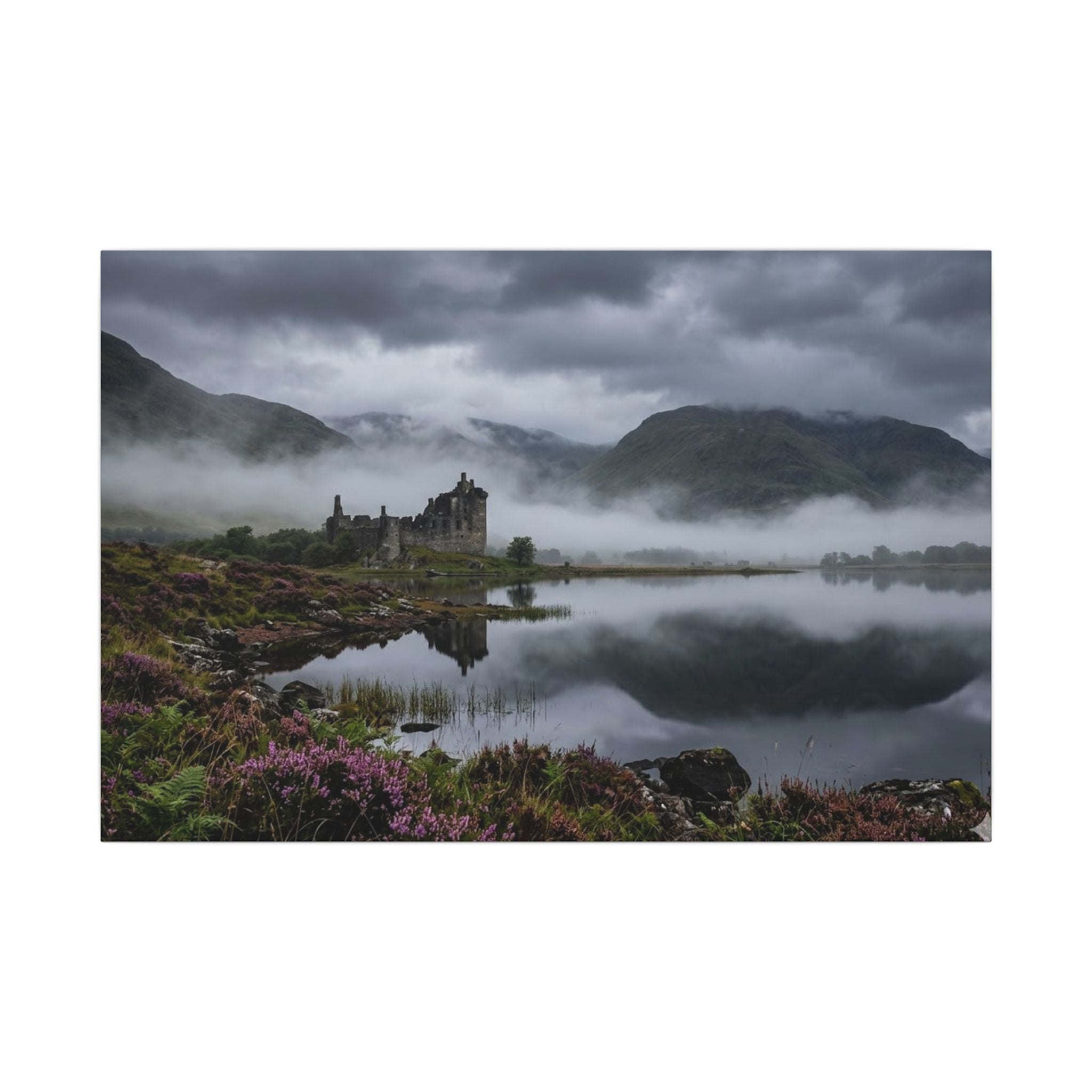 Scottish Castle Canvas Wall Art - Misty Highland Print, Medieval Ruins, Celtic Decor, Stretched Canvas