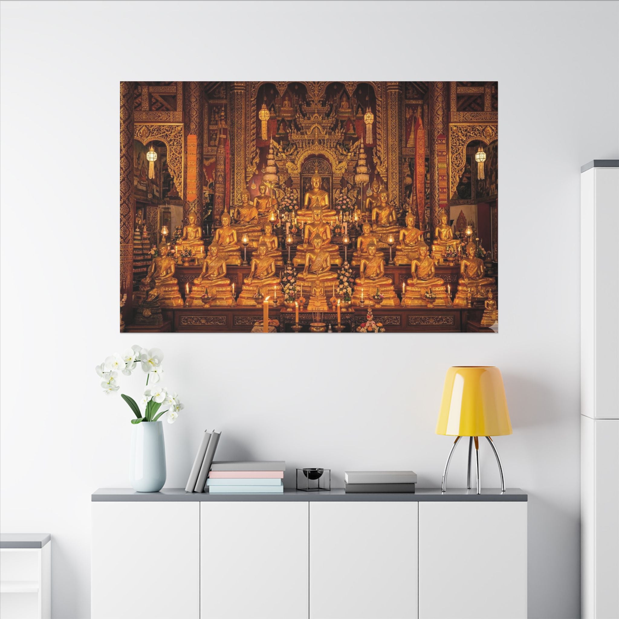 Thai Buddha Temple Canvas Wall Art - Golden Shrine Print, Bangkok Art, Southeast Asia Decor, Stretched Canvas
