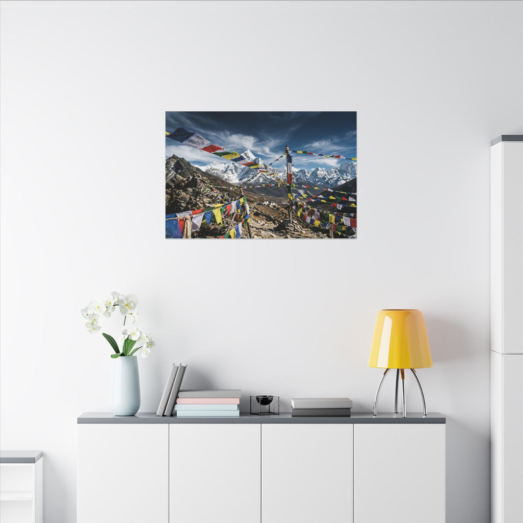 Tibetan Prayer Flags Canvas Wall Art - Mountain Temple Print, Himalaya, Buddhist Decor, Stretched Canvas