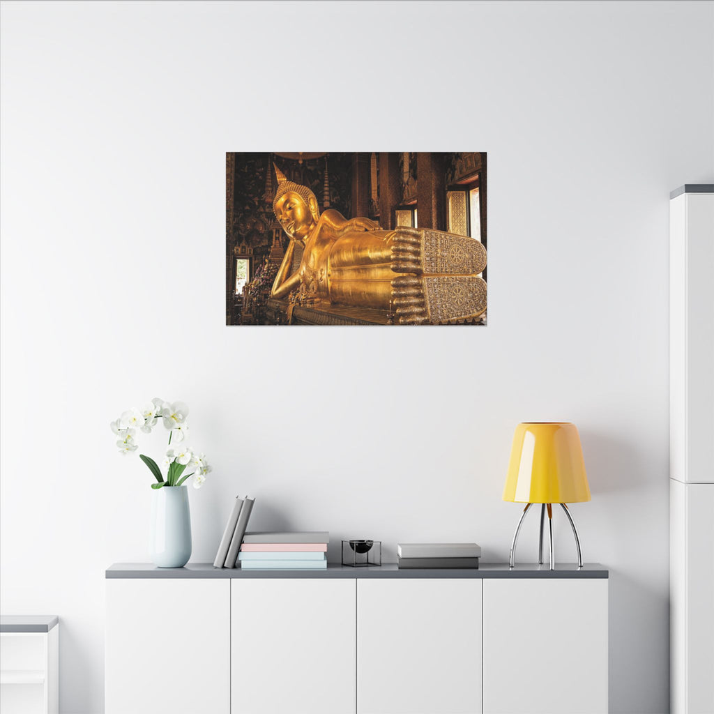 Reclining Buddha Canvas Wall Art - Golden Statue Print, Thai Temple, Sacred Art, Stretched Canvas