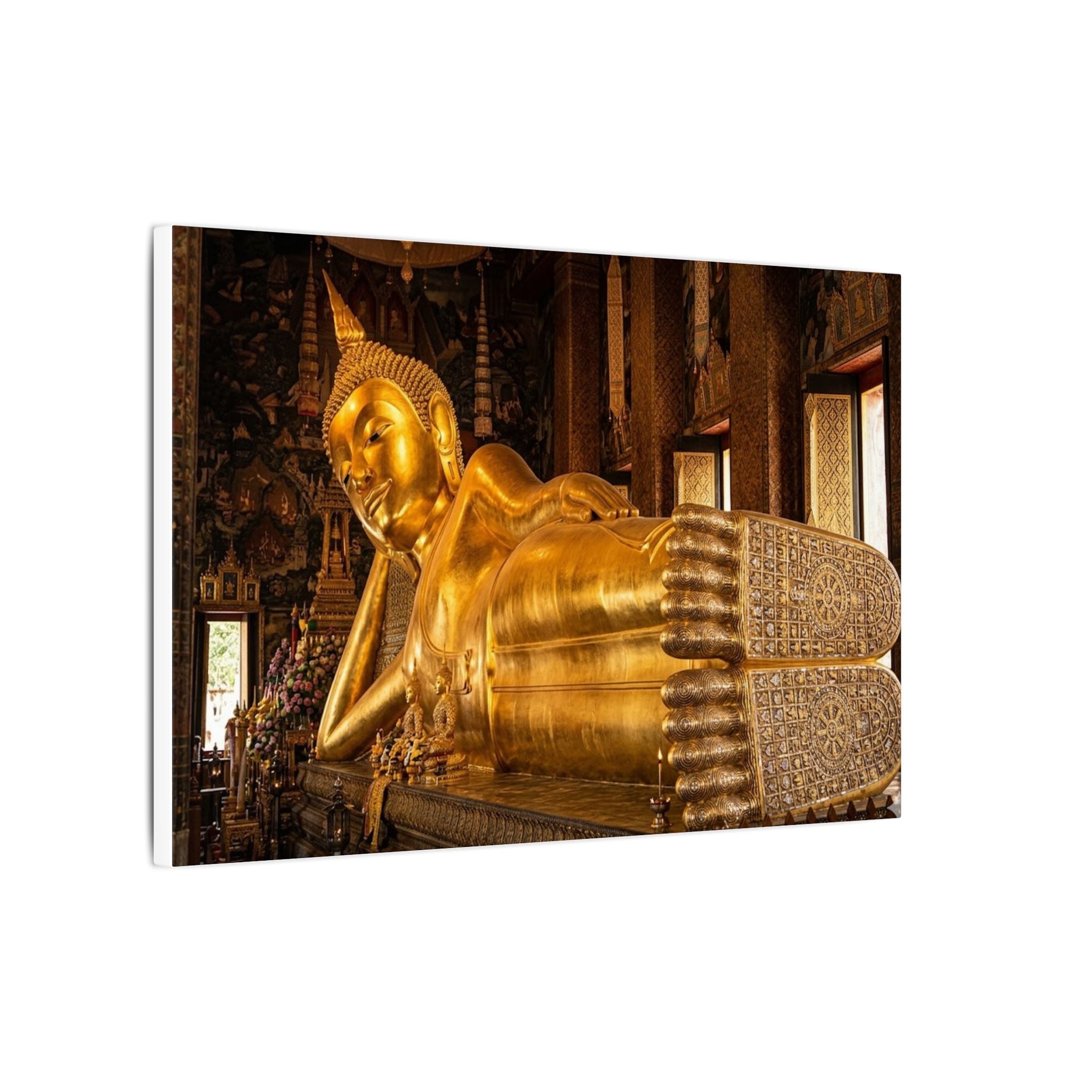 Reclining Buddha Canvas Wall Art - Golden Statue Print, Thai Temple, Sacred Art, Stretched Canvas