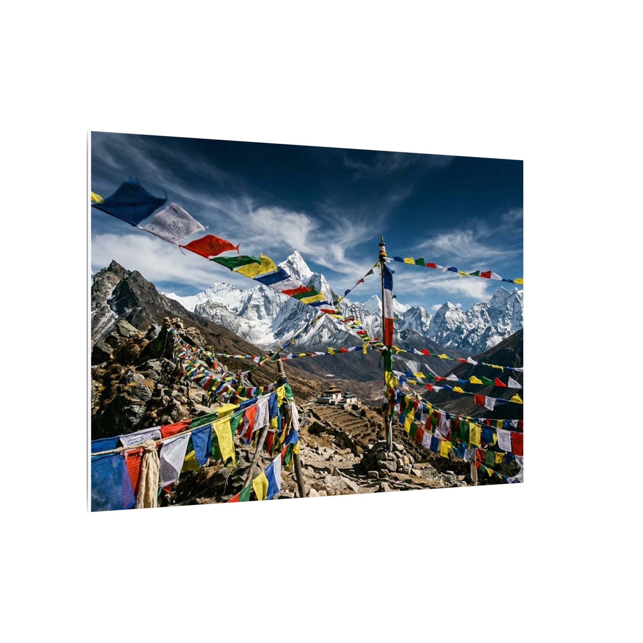 Tibetan Prayer Flags Canvas Wall Art - Mountain Temple Print, Himalaya, Buddhist Decor, Stretched Canvas