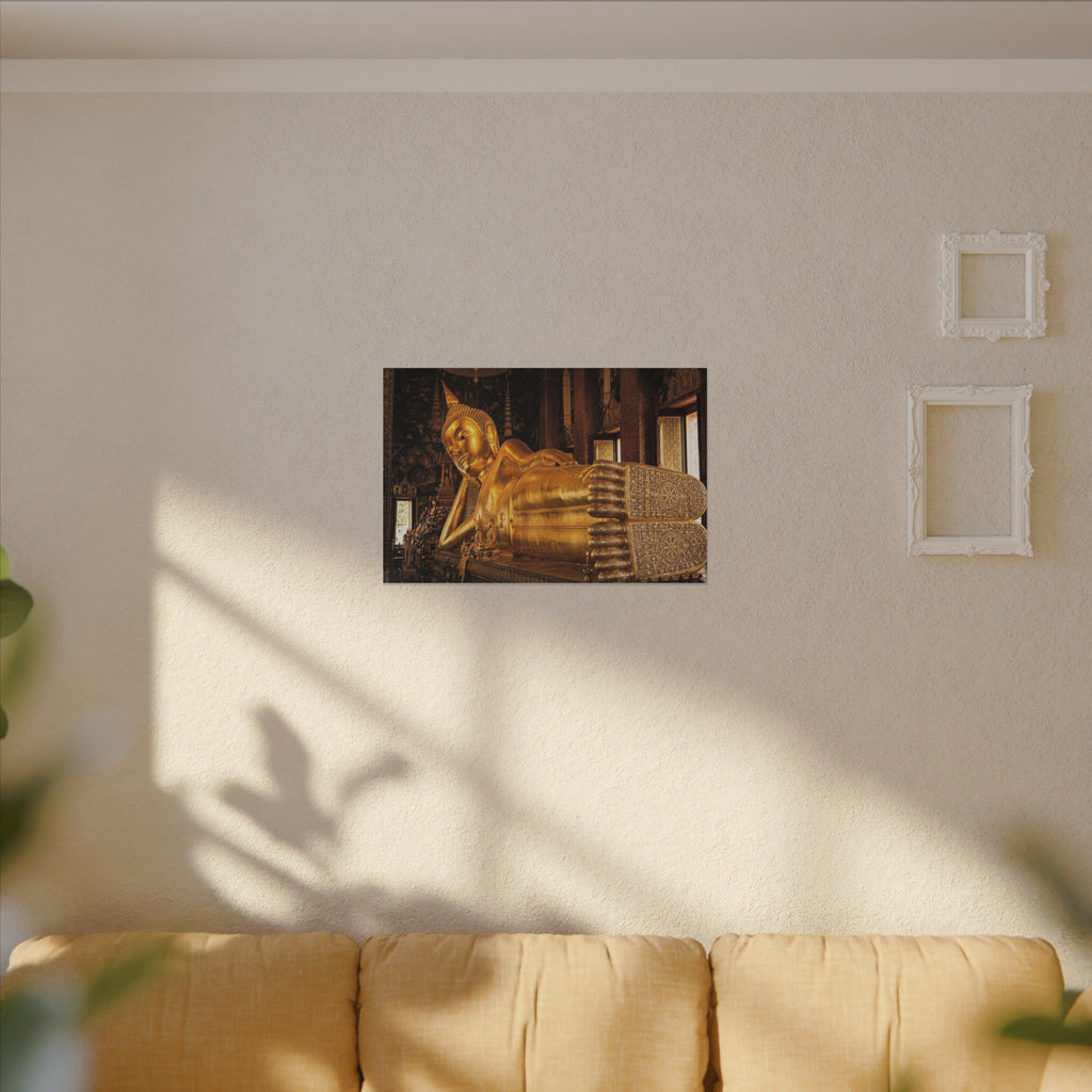 Reclining Buddha Canvas Wall Art - Golden Statue Print, Thai Temple, Sacred Art, Stretched Canvas