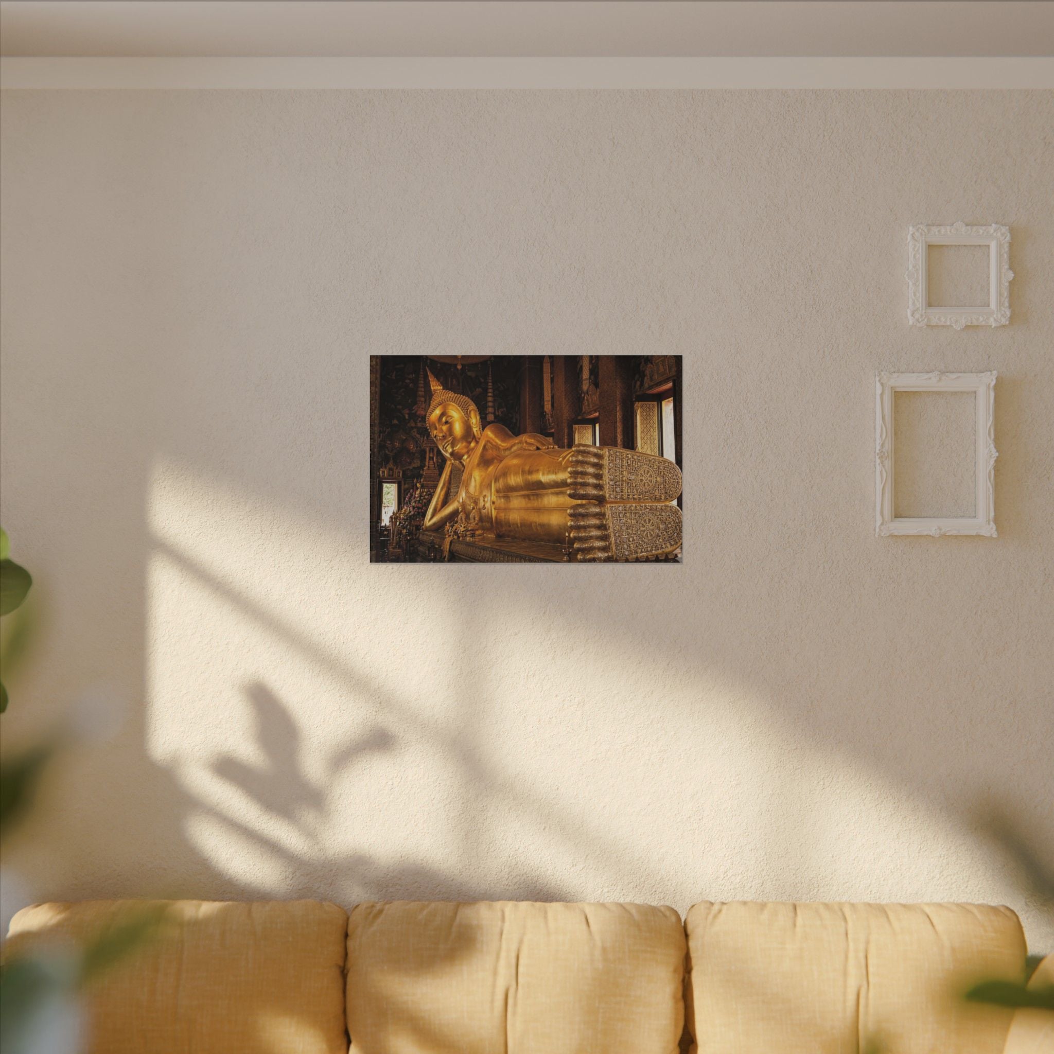 Reclining Buddha Canvas Wall Art - Golden Statue Print, Thai Temple, Sacred Art, Stretched Canvas