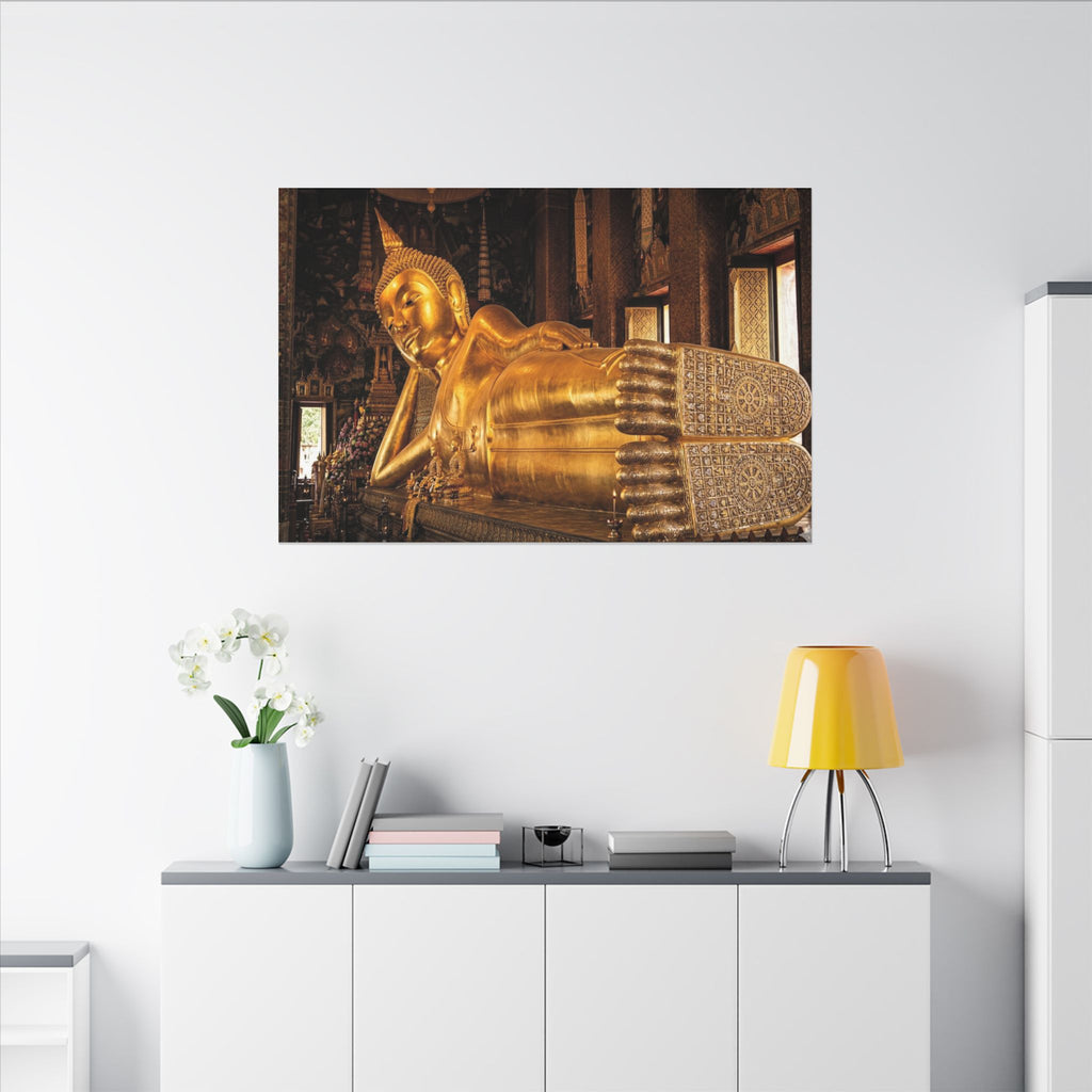 Reclining Buddha Canvas Wall Art - Golden Statue Print, Thai Temple, Sacred Art, Stretched Canvas