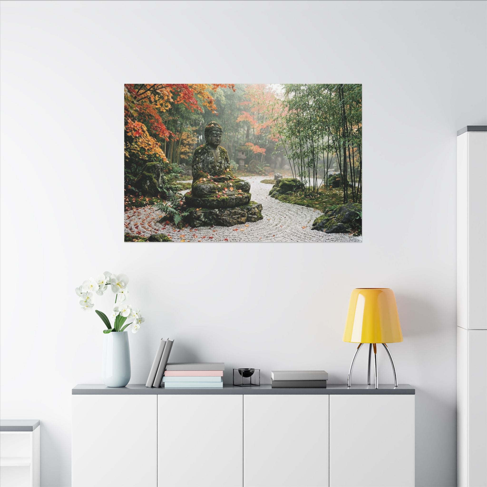 Zen Buddha Garden Canvas Wall Art - Stone Statue Print, Japanese Garden, Meditation Decor, Stretched Canvas