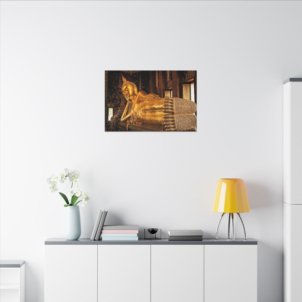 Reclining Buddha Canvas Wall Art - Golden Statue Print, Thai Temple, Sacred Art, Stretched Canvas
