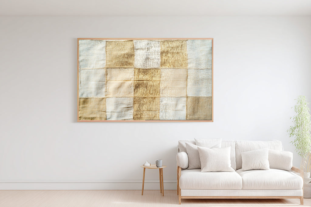 Abstract Khaki Linen Grid Fine Art Canvas, Warm Earth-Tone Abstract, Modern Living Room Wall Decor, Birthday Gift for Her — abstract-khaki-linen-grid-bedroom-wall-art.jpg