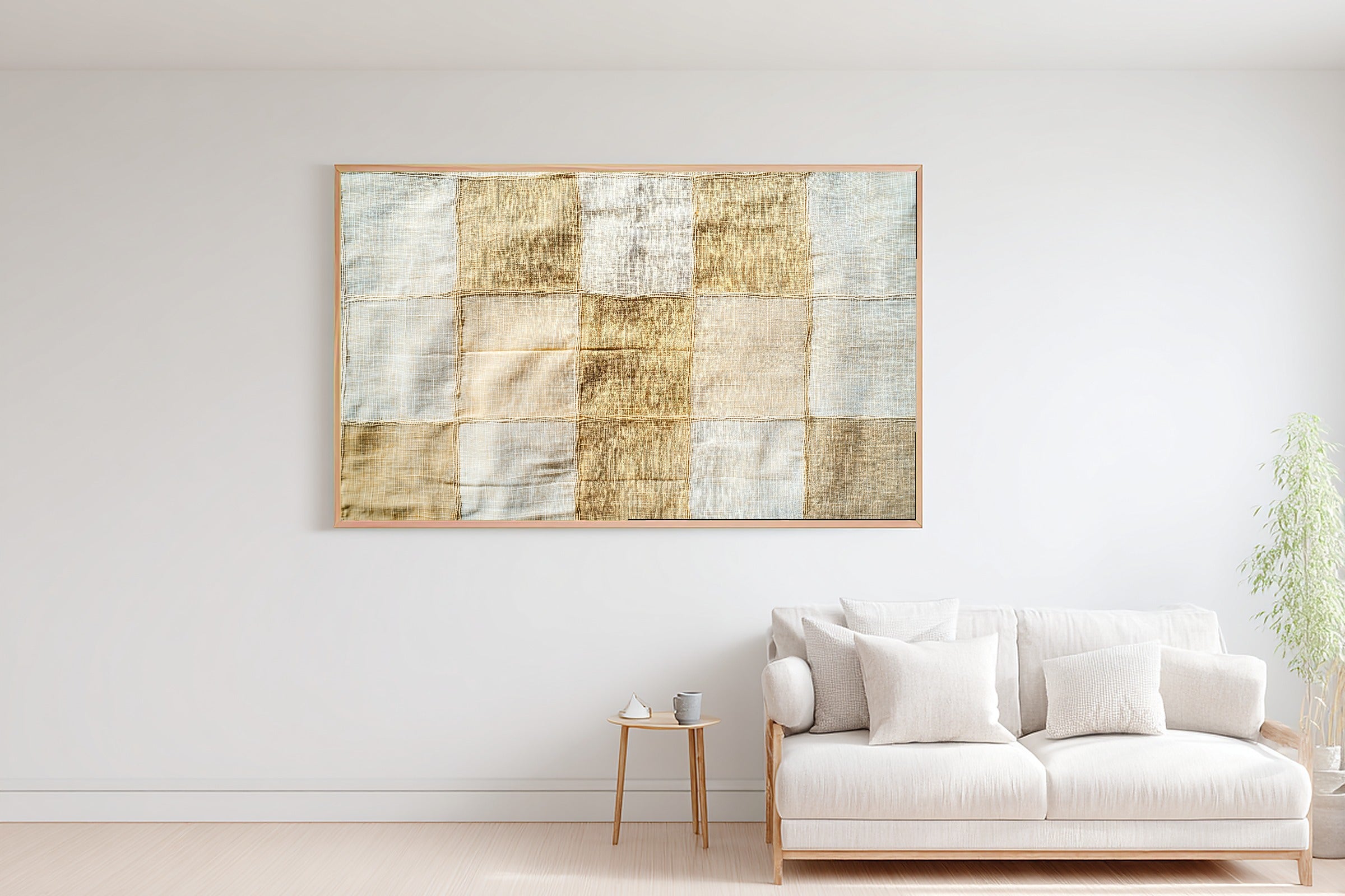 Abstract Khaki Linen Grid Fine Art Canvas, Warm Earth-Tone Abstract, Modern Living Room Wall Decor, Birthday Gift for Her — abstract-khaki-linen-grid-bedroom-wall-art.jpg