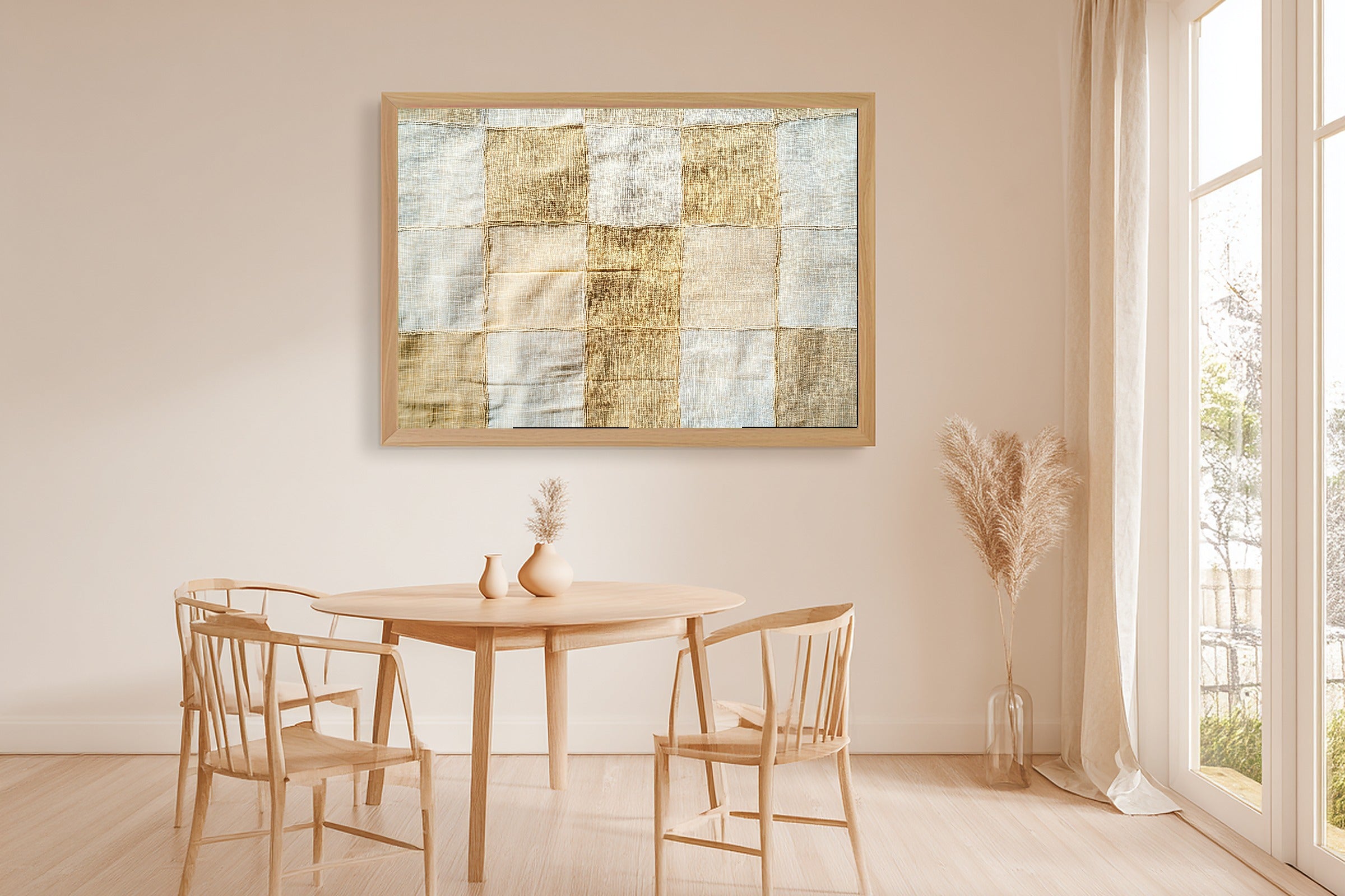 Abstract Khaki Linen Grid Fine Art Canvas, Warm Earth-Tone Abstract, Modern Living Room Wall Decor, Birthday Gift for Her — abstract-khaki-linen-grid-dining-room-wall-art.jpg