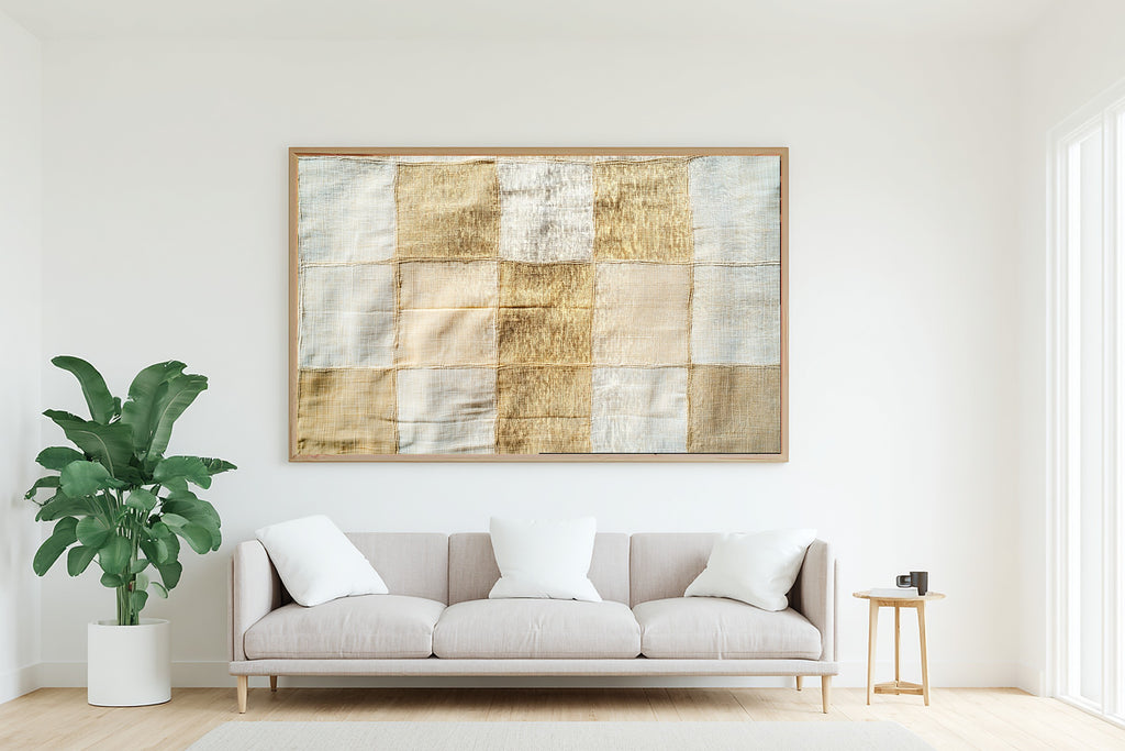 Abstract Khaki Linen Grid Fine Art Canvas, Warm Earth-Tone Abstract, Modern Living Room Wall Decor, Birthday Gift for Her — abstract-khaki-linen-grid-living-room-wall-art.jpg