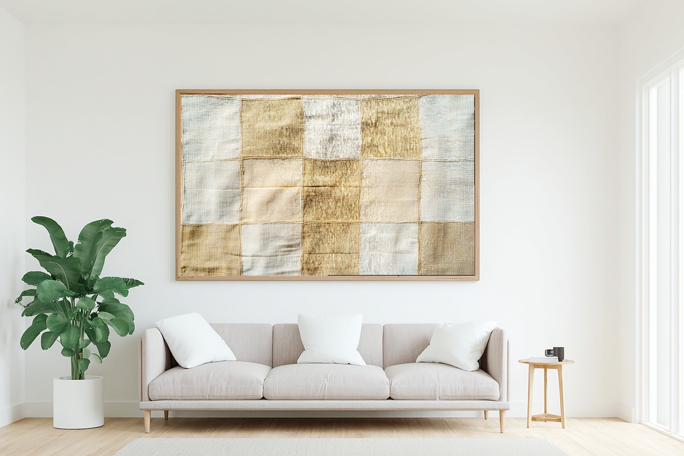 Abstract Khaki Linen Grid Fine Art Canvas, Warm Earth-Tone Abstract, Modern Living Room Wall Decor, Birthday Gift for Her — abstract-khaki-linen-grid-living-room-wall-art.jpg