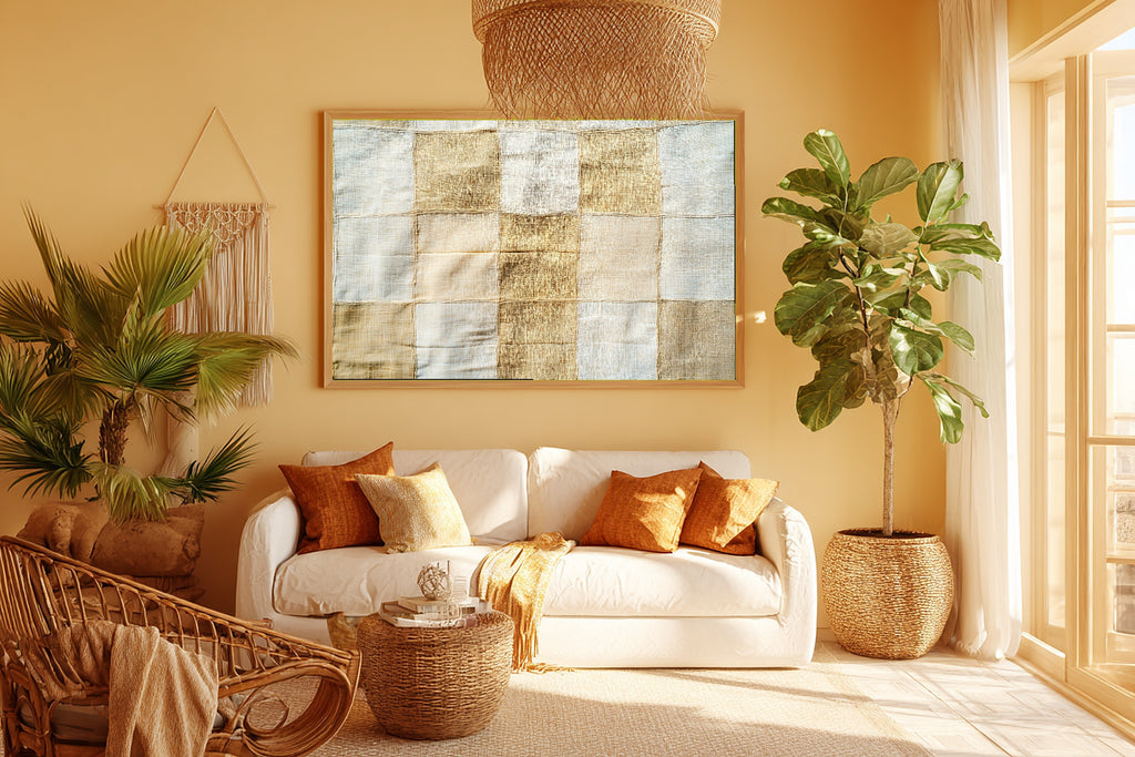 Abstract Khaki Linen Grid Fine Art Canvas, Warm Earth-Tone Abstract, Modern Living Room Wall Decor, Birthday Gift for Her — abstract-khaki-linen-grid-room-5-wall-art.jpg