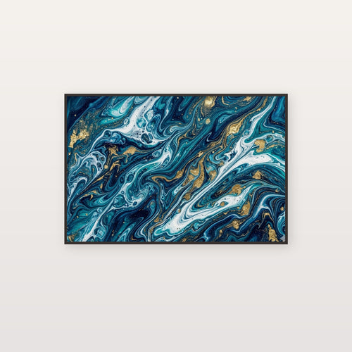 Abstract Ocean Canvas Wall Art - Blue Fluid Art Print, Modern Decor, Teal Gold, Stretched Canvas — abstract ocean blue canvas print