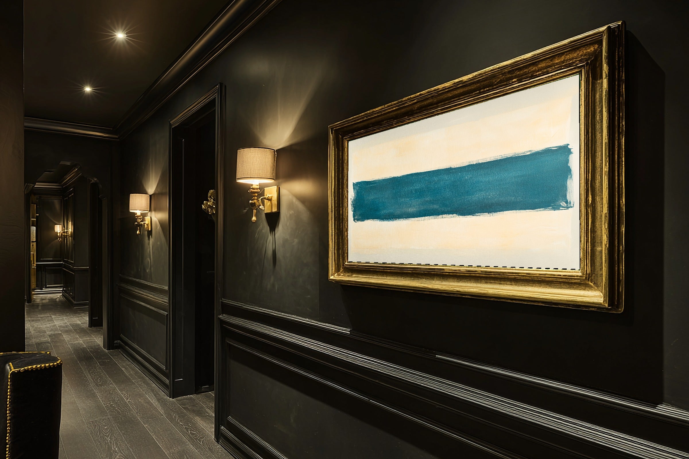 Abstract Patina Blue Horizon Brushstroke Fine Art Canvas, Muted Warm Neutrals, Entryway Focal Point, Premium Canvas, Mother's Day Gift Idea — abstract-patina-blue-horizon-brushstroke-hallway-wall-art.jpg