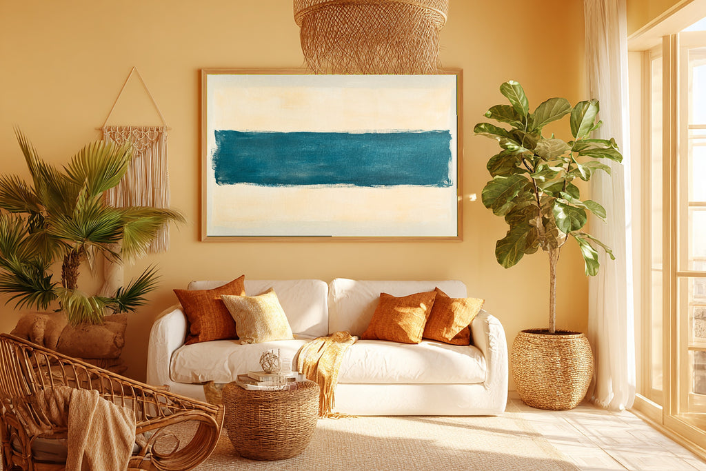 Abstract Patina Blue Horizon Brushstroke Fine Art Canvas, Muted Warm Neutrals, Entryway Focal Point, Premium Canvas, Mother's Day Gift Idea — abstract-patina-blue-horizon-brushstroke-room-5-wall-art.jpg