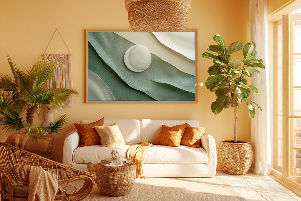 Abstract Sage Moonscape Layers Stretched Canvas Print, Warm Earth-Tone Abstract Print, Modern Living Room Inspiration, Gift for Home Owners — abstract-sage-moonscape-layers-room-5-wall-art.jpg