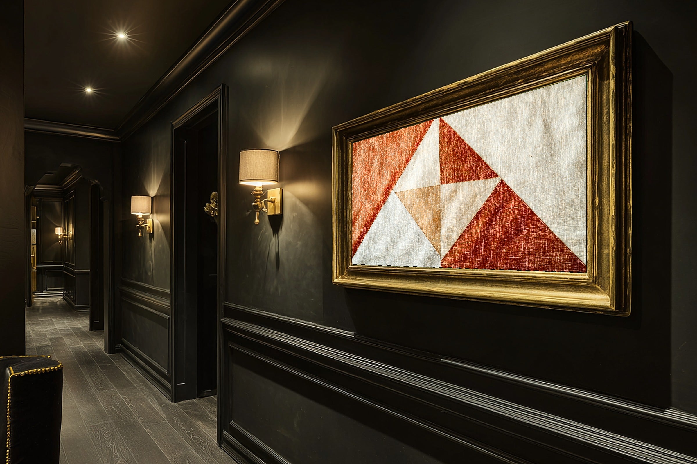 Abstract Terracotta Triangles Wall Art Canvas, Minimalist Abstract Print Wall Art, Above-the-Entryway Decor, Thoughtful Housewarming Gift — abstract-terracotta-triangles-hallway-wall-art.jpg