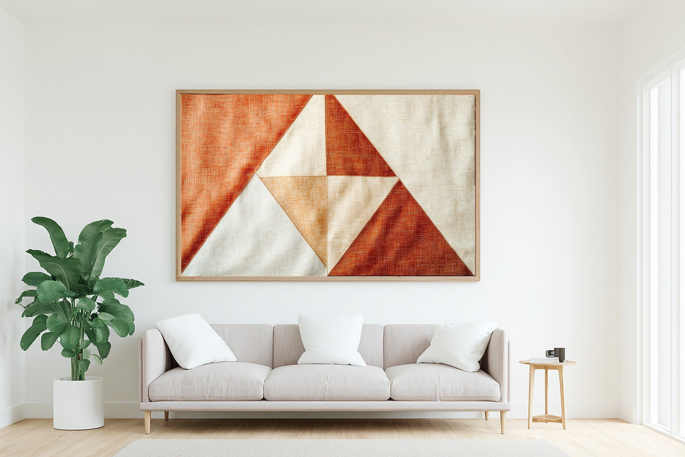 Abstract Terracotta Triangles Wall Art Canvas, Minimalist Abstract Print Wall Art, Above-the-Entryway Decor, Thoughtful Housewarming Gift — abstract-terracotta-triangles-living-room-wall-art.jpg