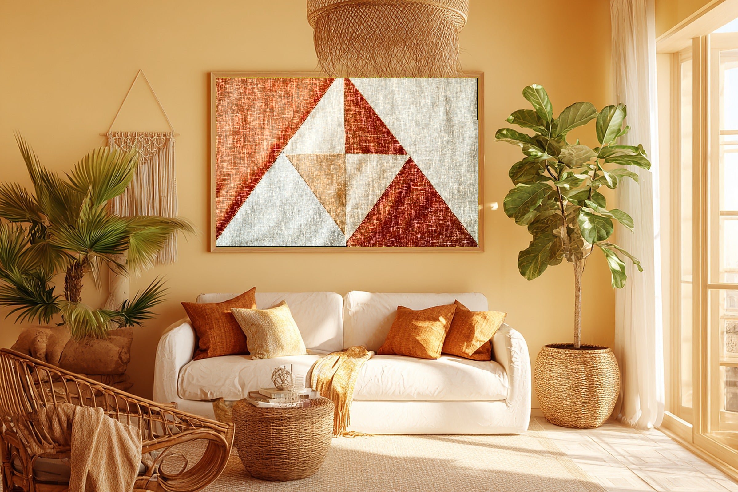 Abstract Terracotta Triangles Wall Art Canvas, Minimalist Abstract Print Wall Art, Above-the-Entryway Decor, Thoughtful Housewarming Gift — abstract-terracotta-triangles-room-5-wall-art.jpg