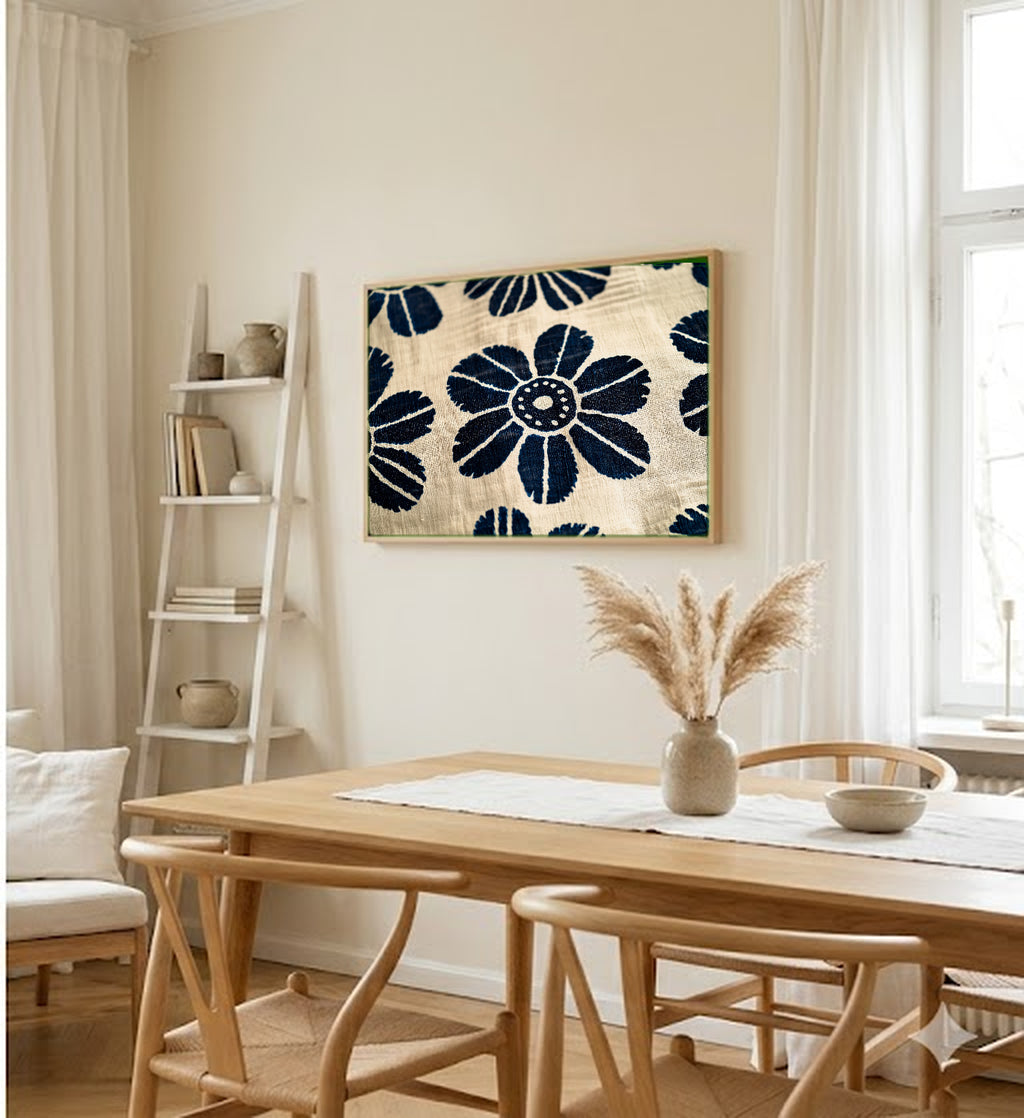 Adire Indigo Canvas Wall Art | Nigerian Textile Pattern Print, Afrohemian Decor, Stretched Canvas — adire-indigo-textile-pattern-dining-room-wall-art.jpg