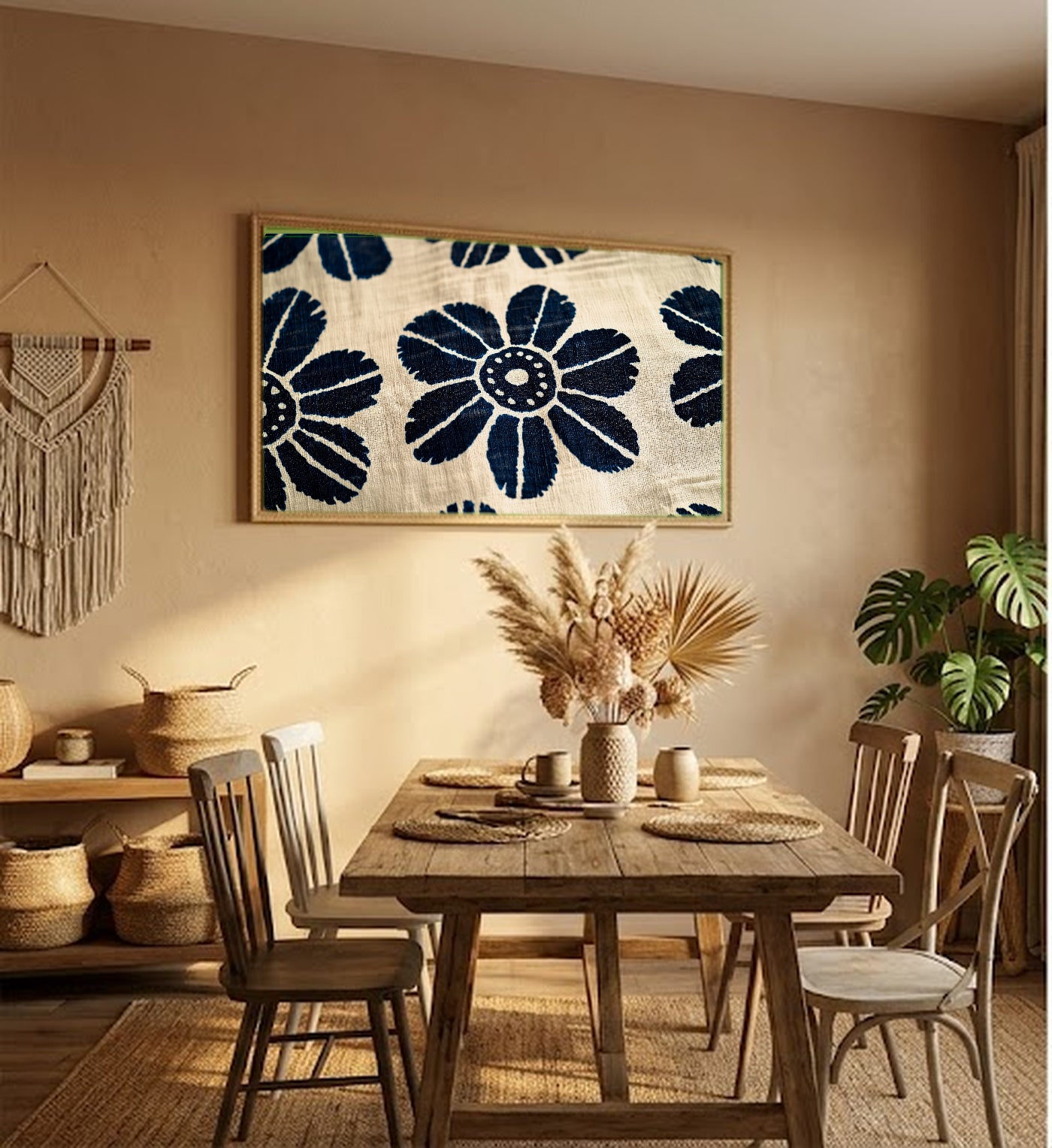 Adire Indigo Canvas Wall Art | Nigerian Textile Pattern Print, Afrohemian Decor, Stretched Canvas — adire-indigo-textile-pattern-hallway-wall-art.jpg