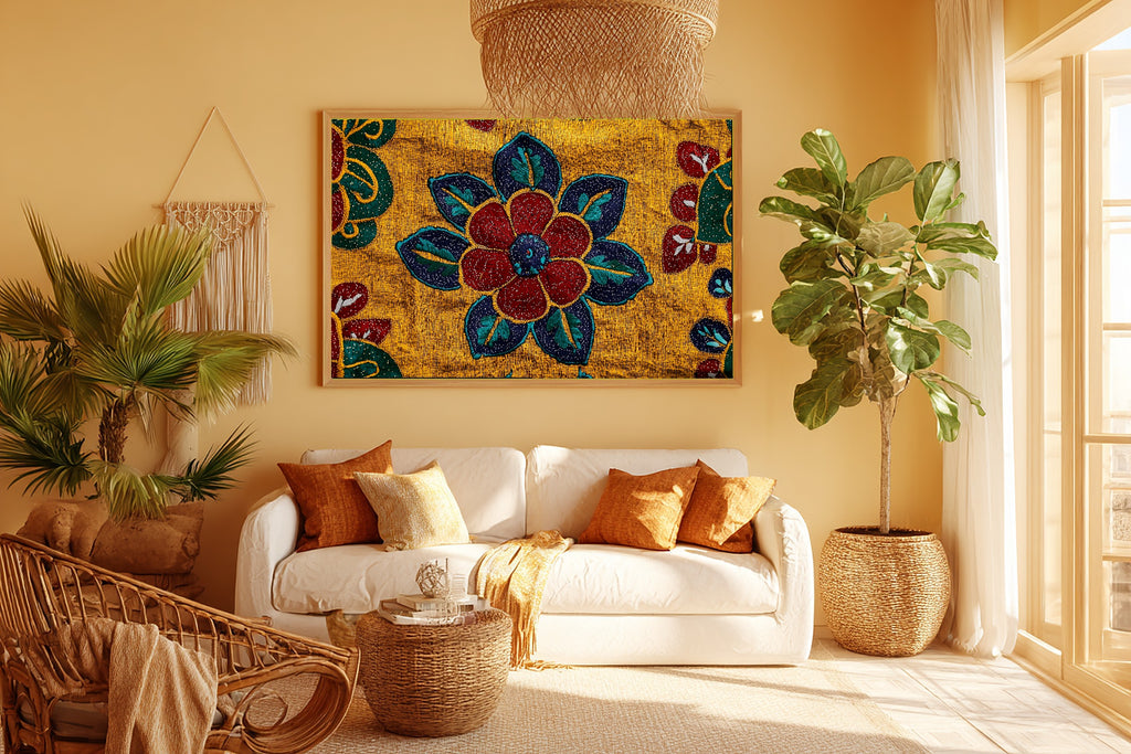 Afrobohemian Ankara Wax Print Stretched Canvas Print for the Home Office, Warm Safari Landscape, Warm Soulful Tones — afrobohemian-ankara-wax-print-room-5-wall-art.jpg