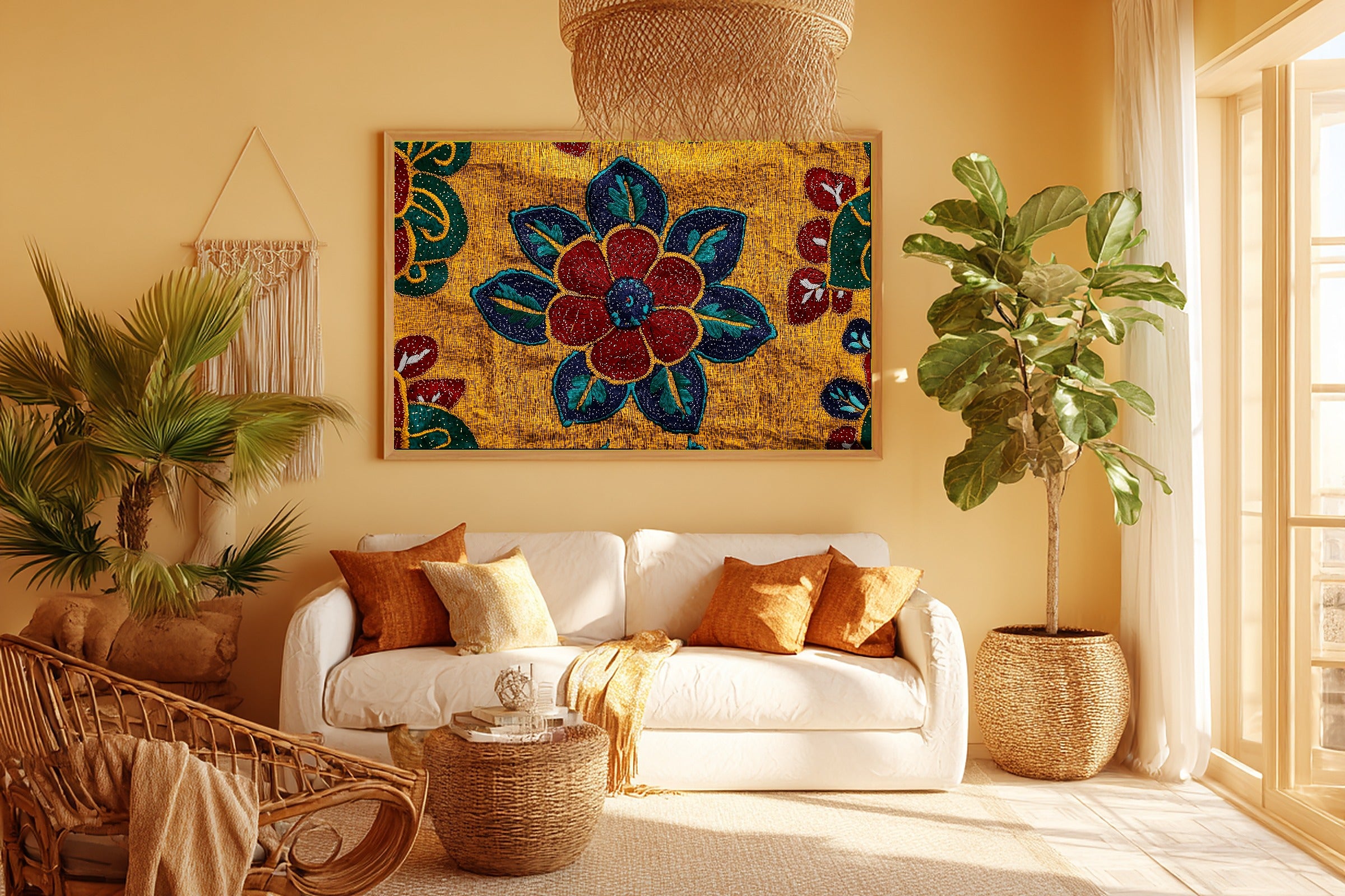 Afrobohemian Ankara Wax Print Stretched Canvas Print for the Home Office, Warm Safari Landscape, Warm Soulful Tones — afrobohemian-ankara-wax-print-room-5-wall-art.jpg