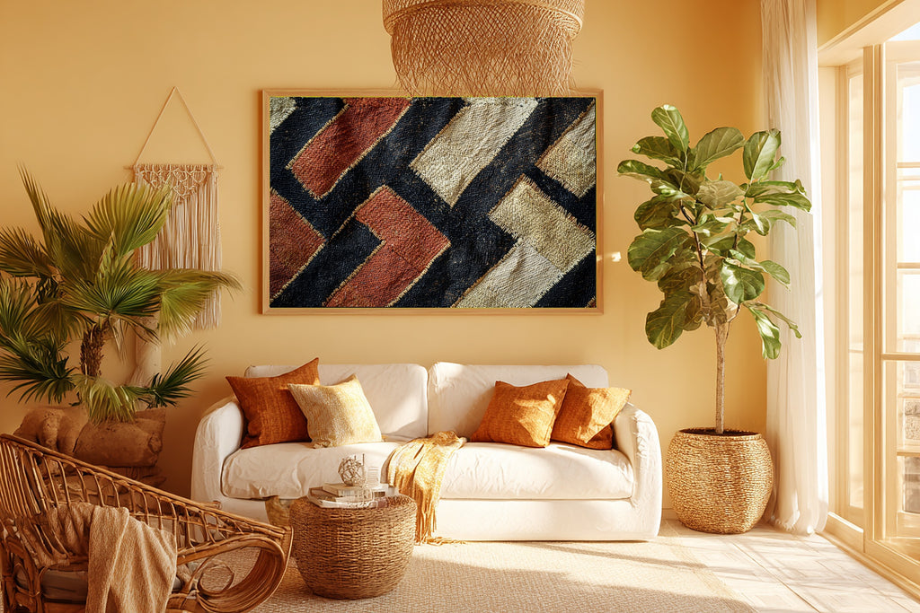 Afrobohemian Kuba Cloth Geometry Giclée Canvas Print, Bold African Wall Decor, Warm Soulful Tones Bedroom Art, Elegant Hostess Gift — afrobohemian-kuba-cloth-geometry-room-5-wall-art.jpg