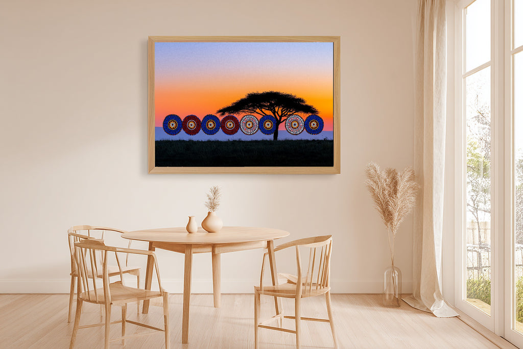Afrobohemian Maasai Beadwork Sunrise Canvas Print | Afrobohemian Textile Art | Living Room Decor | Perfect Anniversary Gift — afrobohemian-maasai-beadwork-sunrise-dining-room-wall-art.jpg