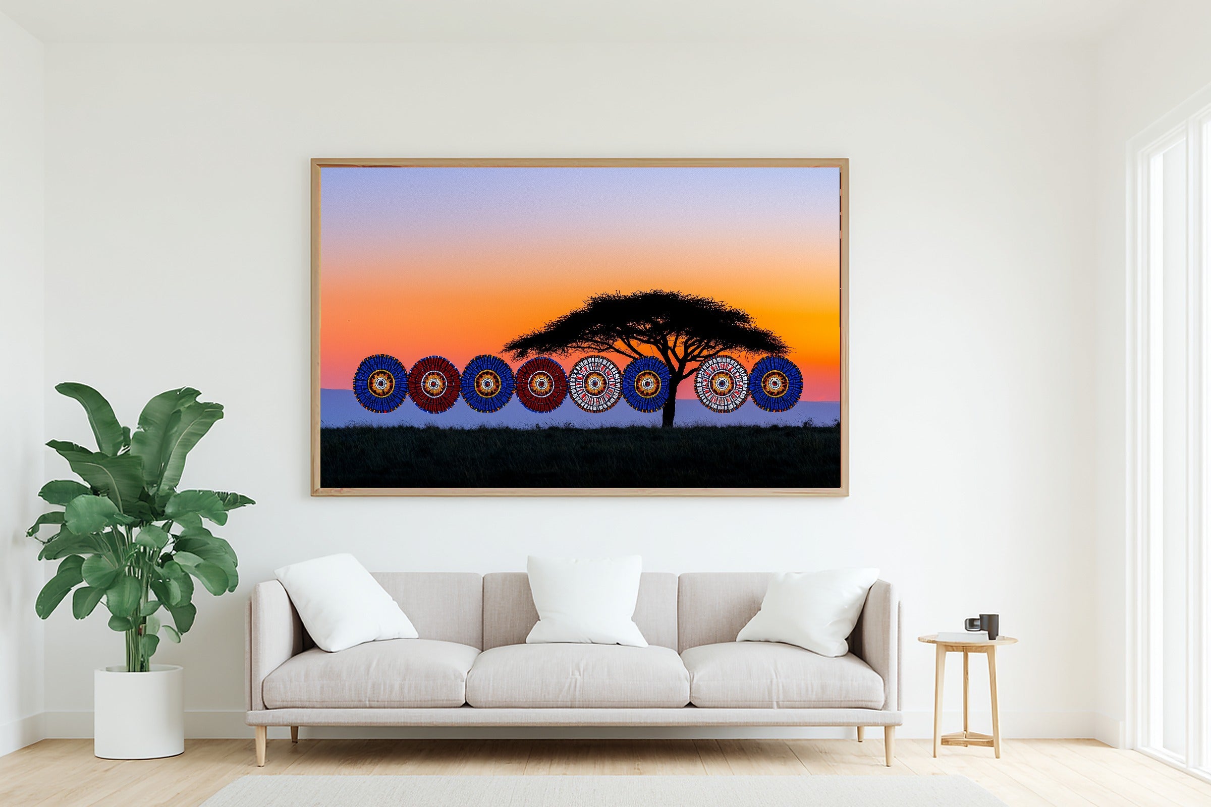 Afrobohemian Maasai Beadwork Sunrise Canvas Print | Afrobohemian Textile Art | Living Room Decor | Perfect Anniversary Gift — afrobohemian-maasai-beadwork-sunrise-living-room-wall-art.jpg