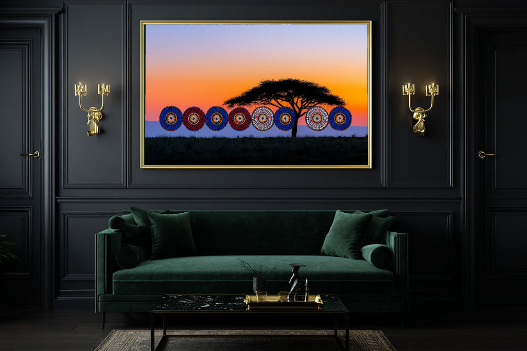 Afrobohemian Maasai Beadwork Sunrise Canvas Print | Afrobohemian Textile Art | Living Room Decor | Perfect Anniversary Gift — afrobohemian-maasai-beadwork-sunrise-office-wall-art.jpg