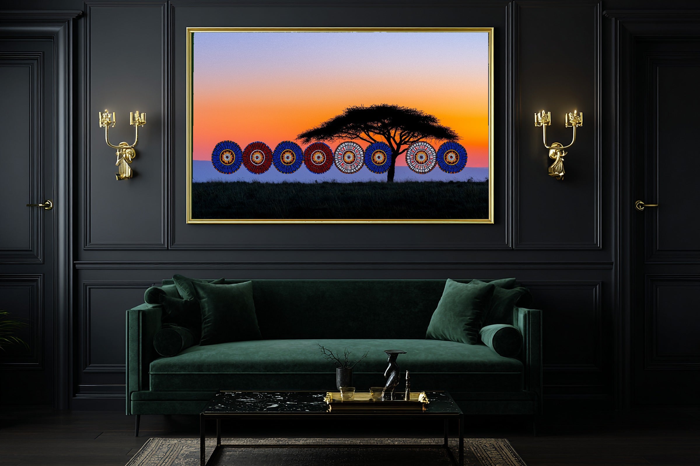Afrobohemian Maasai Beadwork Sunrise Canvas Print | Afrobohemian Textile Art | Living Room Decor | Perfect Anniversary Gift — afrobohemian-maasai-beadwork-sunrise-office-wall-art.jpg