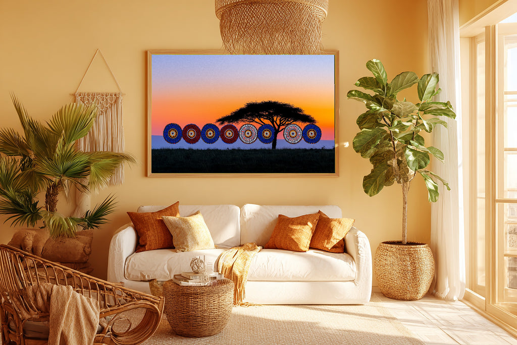 Afrobohemian Maasai Beadwork Sunrise Canvas Print | Afrobohemian Textile Art | Living Room Decor | Perfect Anniversary Gift — afrobohemian-maasai-beadwork-sunrise-room-5-wall-art.jpg