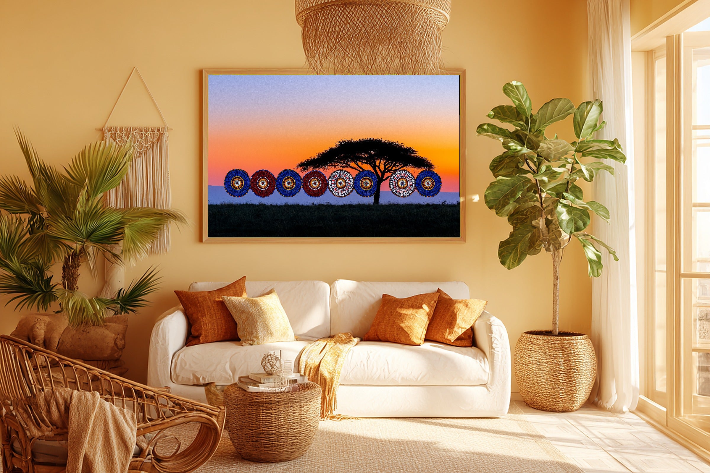 Afrobohemian Maasai Beadwork Sunrise Canvas Print | Afrobohemian Textile Art | Living Room Decor | Perfect Anniversary Gift — afrobohemian-maasai-beadwork-sunrise-room-5-wall-art.jpg
