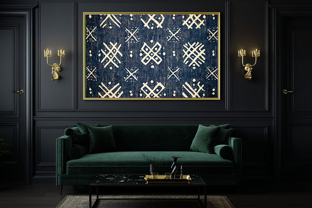 Afrobohemian Mudcloth Indigo Bogolan Giclée Canvas Print | Bold African Wall Decor | Living Room Decor | Gift for Creatives — afrobohemian-mudcloth-indigo-bogolan-office-wall-art.jpg