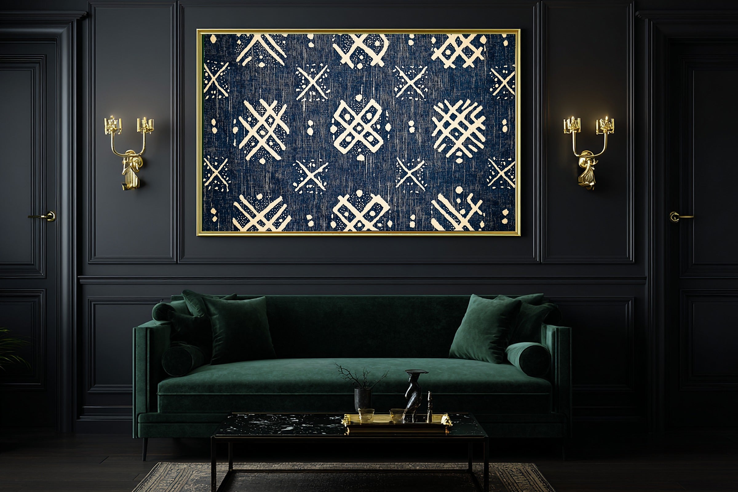 Afrobohemian Mudcloth Indigo Bogolan Giclée Canvas Print | Bold African Wall Decor | Living Room Decor | Gift for Creatives — afrobohemian-mudcloth-indigo-bogolan-office-wall-art.jpg