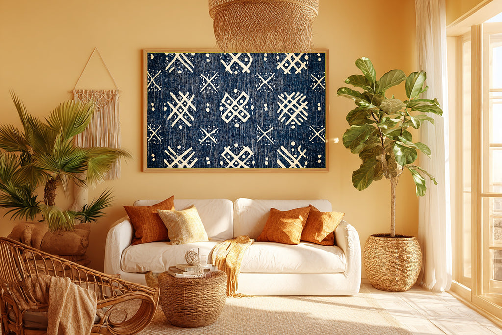 Afrobohemian Mudcloth Indigo Bogolan Giclée Canvas Print | Bold African Wall Decor | Living Room Decor | Gift for Creatives — afrobohemian-mudcloth-indigo-bogolan-room-5-wall-art.jpg
