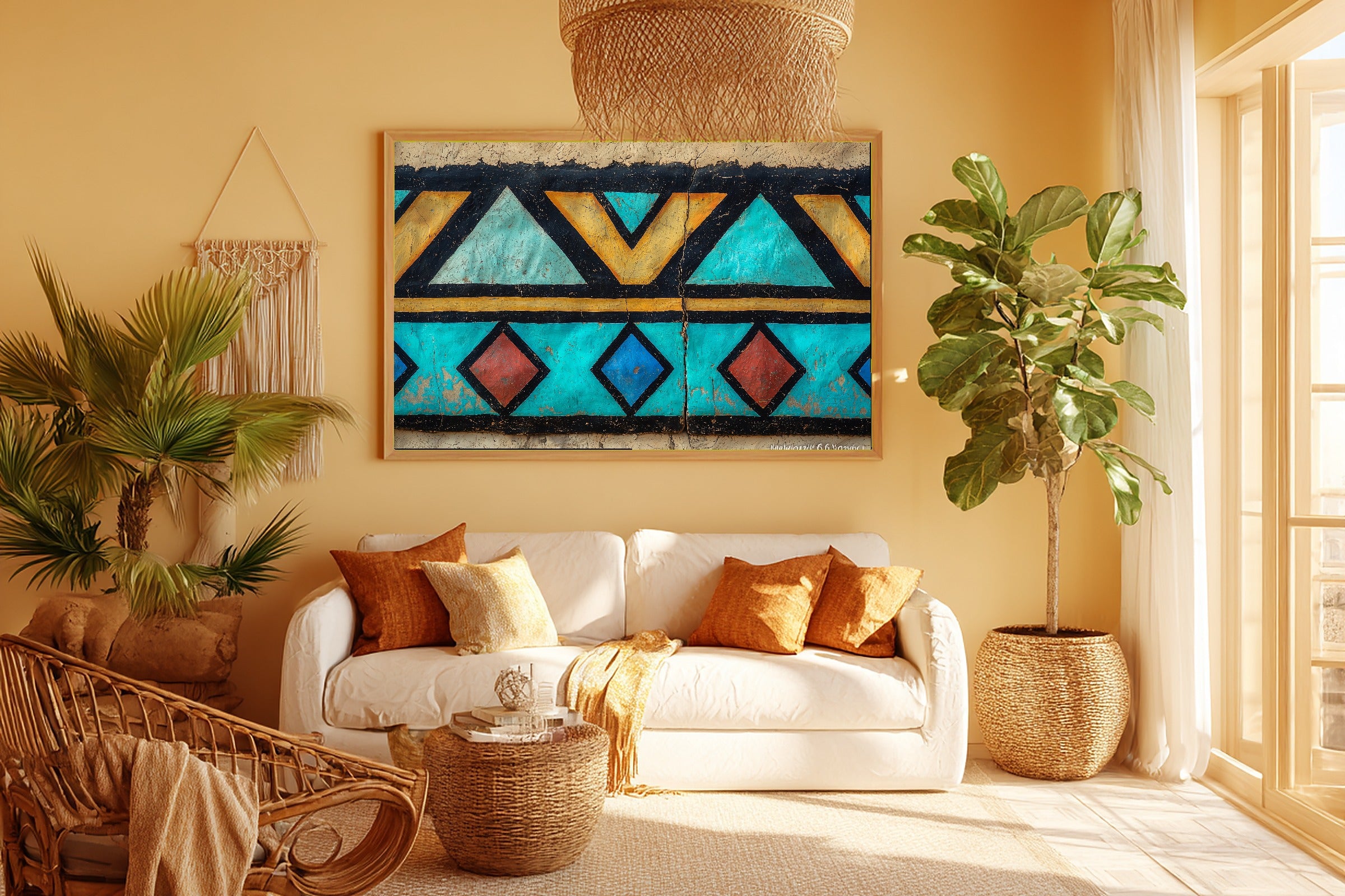 Afrobohemian Ndebele Painted Wall Museum-Quality Canvas, Golden Savanna Print, Living Room Wall Decor, Move-In Gift Idea — afrobohemian-ndebele-painted-wall-room-5-wall-art.jpg