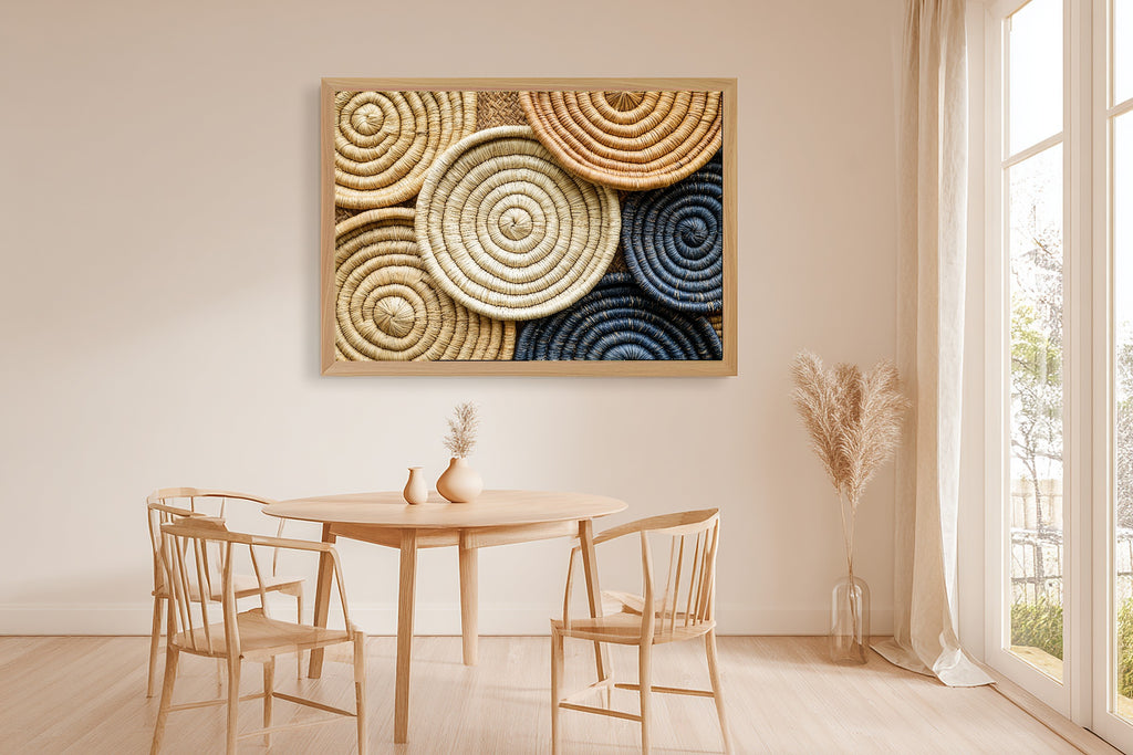 Afrobohemian Senegalese Basket Mosaic Canvas Print for the Bedroom, Golden Savanna Print, Cozy Neutral Palette, Move-In Gift Idea — afrobohemian-senegalese-basket-mosaic-dining-room-wall-art.jpg