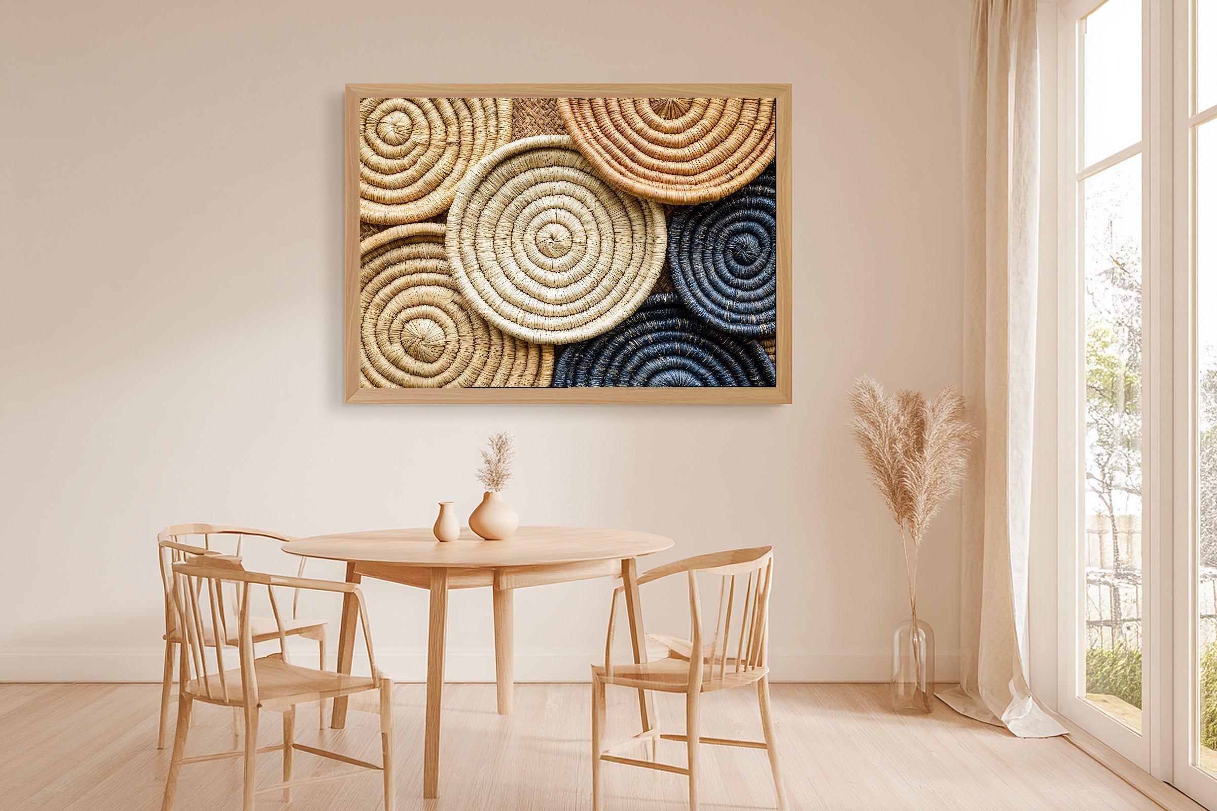 Afrobohemian Senegalese Basket Mosaic Canvas Print for the Bedroom, Golden Savanna Print, Cozy Neutral Palette, Move-In Gift Idea — afrobohemian-senegalese-basket-mosaic-dining-room-wall-art.jpg