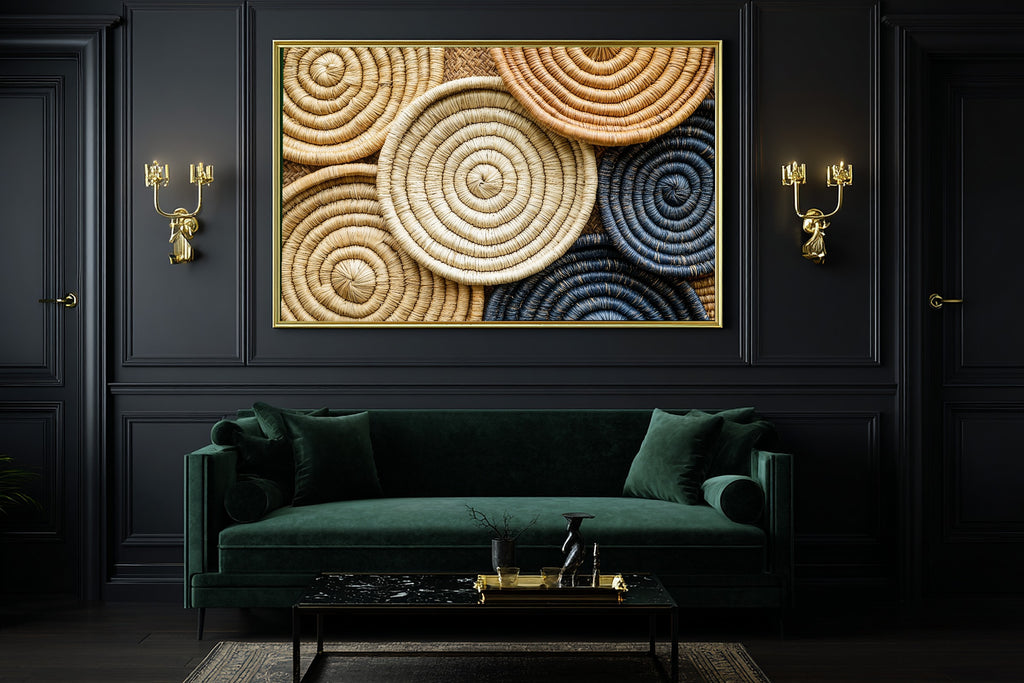 Afrobohemian Senegalese Basket Mosaic Canvas Print for the Bedroom, Golden Savanna Print, Cozy Neutral Palette, Move-In Gift Idea — afrobohemian-senegalese-basket-mosaic-office-wall-art.jpg